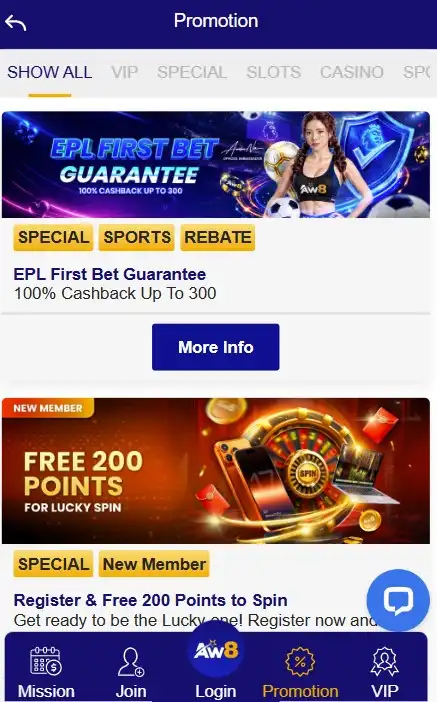 AW8 App Bonuses and Promotions